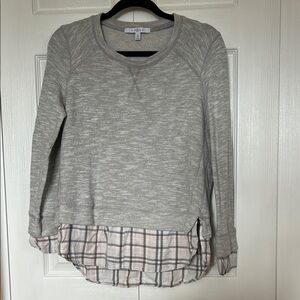 Gray Layered Sweater with Plaid Hem